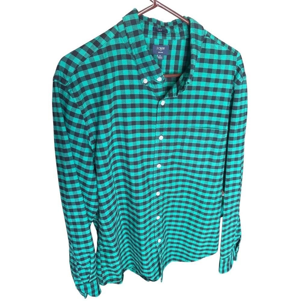 J Crew Mens Green Blue Plaid Slim Fit Flex Washed Oxford Long Sleeve Button XL